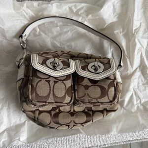 Coach Legacy Signature Small Pouch Shoulder Handbag, In Tan And White